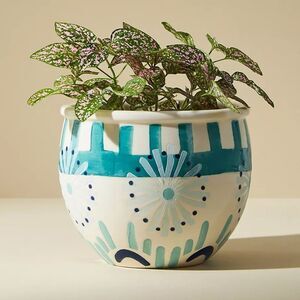 Anthropologie Blue Floral Prima Garden Pot Hand Glazed Stoneware